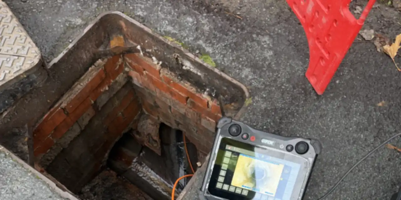 CCTV drain survey screen beside an open inspection chamber on a Lancashire job